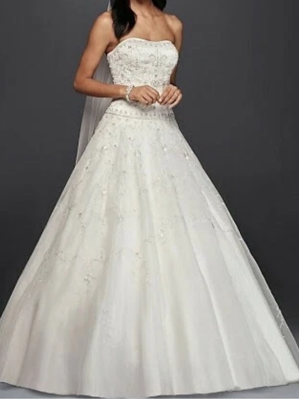 Oleg Cassini Sz 4 CT258 Strapless Beaded Satin A-Line Wedding Gown Chapel Train
